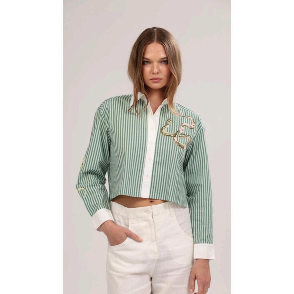 NEW LAS SUREÑAS poplin striped snake top in green